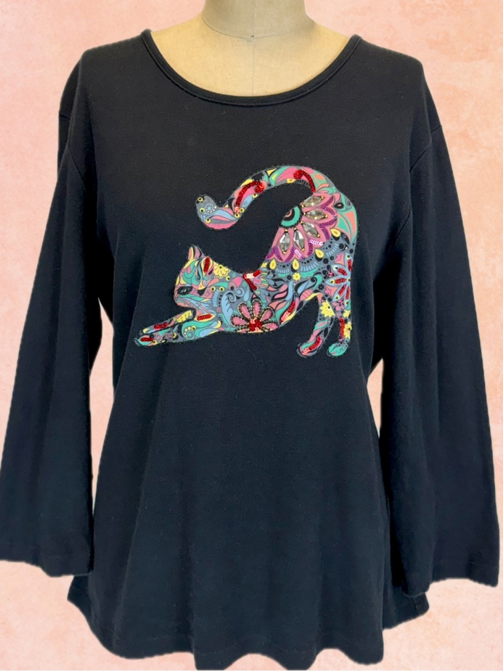 Kaleidoscope funky cat kitten psychedelic rainbow sequin bead jewel quirky black